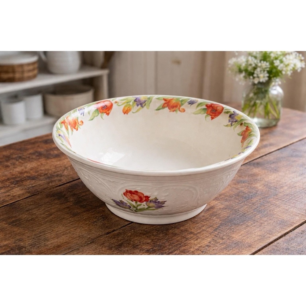 Hotozen Floral Mixing Bowl 11" Made in USA Embossed Tulip Design Farmhouse VTG